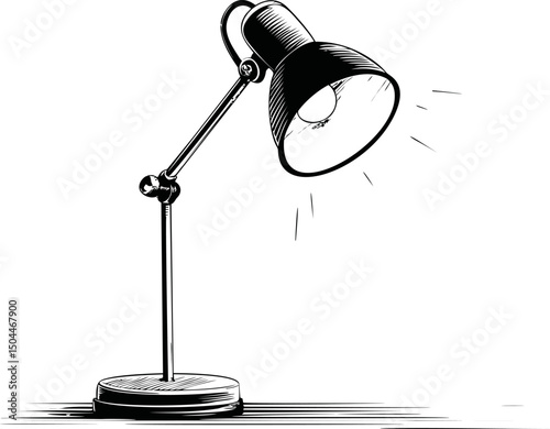 Black and white illustration of an adjustable desk lamp emitting light. Vector illustration