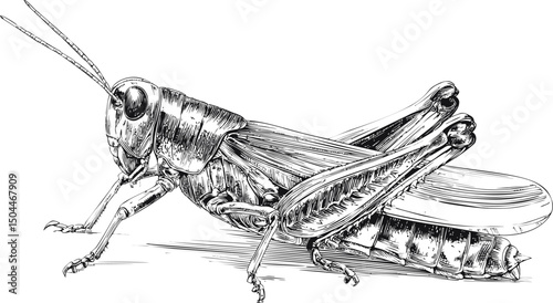 Detailed black and white illustration of a grasshopper. Vector illustration