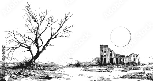 Desolate landscape with barren tree and ruined building under a pale sun. Vector illustration