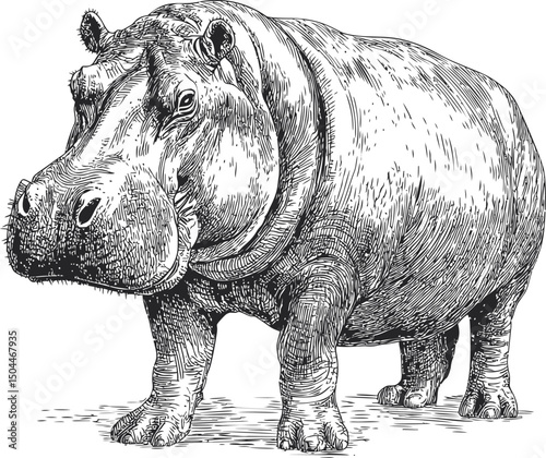 Detailed black and white sketch of a hippo emphasizing texture and realism. Vector illustration