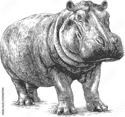 Detailed black and white illustration of a standing hippo in vintage style. Vector illustration