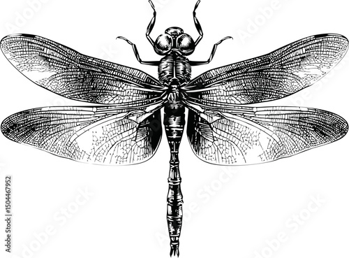 Intricate black and white dragonfly drawing with detailed wings illustration. Vector illustration