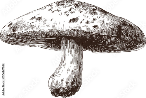 Detailed black and white illustration of a mushroom with textured details. Vector illustration