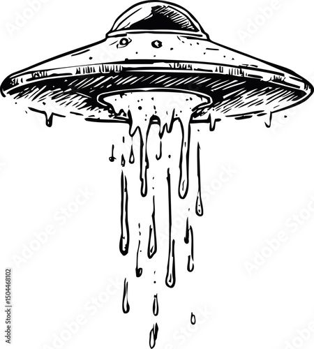 Flying saucer illustration with dripping effect, black and white sketch style. Vector illustration