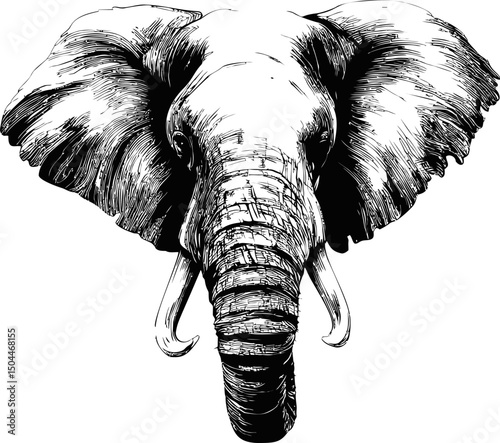 Black and white illustration of elephant head with intricate details. Vector illustration