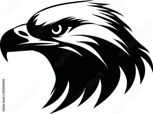 Stylized black and white eagle head illustration with fierce expression. Vector illustration