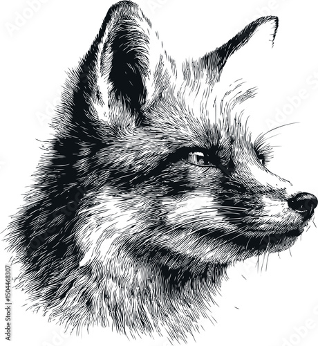 Detailed black and white sketch of a fox's head looking to the right. Vector illustration