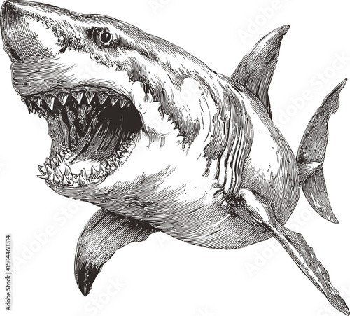 Hand-drawn fierce shark with open mouth displaying sharp teeth illustration. Vector illustration