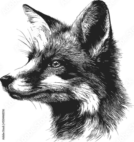 Intricate black and white illustration of a fox's head profile sketch. Vector illustration