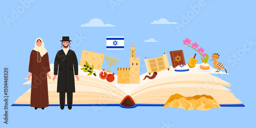 Jewish culture elements, symbols of Judaism religion and holidays of Israel study in infographic collage. Open guide book and Israeli people in traditional dress, landmarks cartoon vector illustration