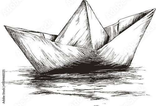 Black and white sketch of a paper boat floating on calm water, artistic illustration. Vector illustration
