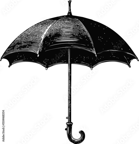 Black and white illustration of a classic umbrella with detailed shading. Vector illustration