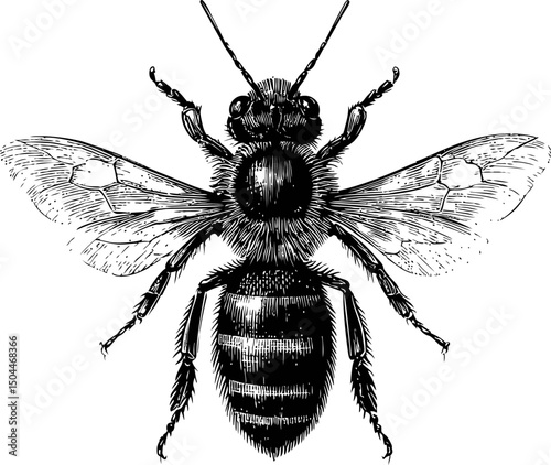 Detailed black and white illustration of a bee with intricate wing patterns. Vector illustration