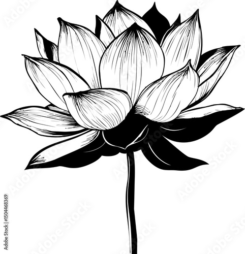 Black and white illustration of a lotus flower with detailed petals. Vector illustration