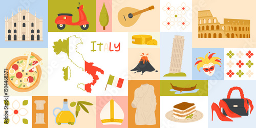 Travel to Italy, geometric color collage design. Cute Italian ancient temple sights and history heritage, Mediterranean food, map and flag, traditional pattern in square cartoon vector illustration