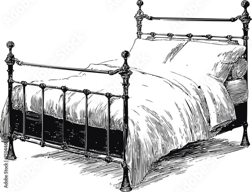 Antique iron bed with detailed illustration and vintage bedding, engraving style. Vector illustration