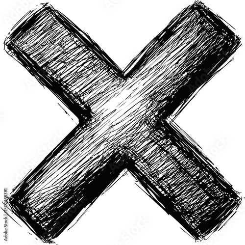 Black and white sketch of a bold hand-drawn cross with textured lines. Vector illustration
