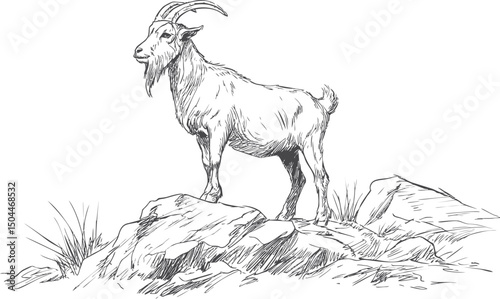 Illustration of a proud goat standing on rocky terrain under a clear sky sketch. Vector illustration