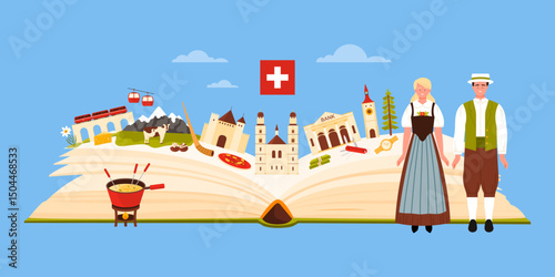 Swiss culture elements, national emblems of Switzerland in infographic collage. Open guide book and people in traditional dress, architecture and nature landmarks, food cartoon vector illustration