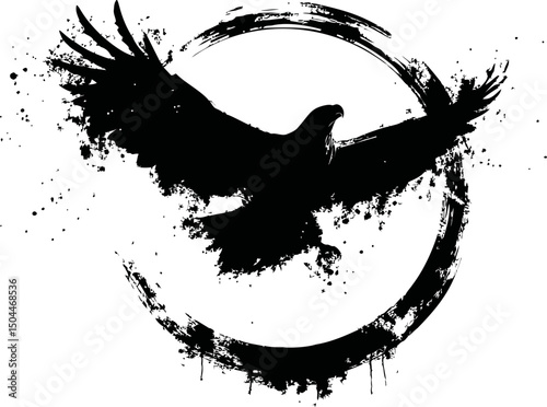 Silhouette of an eagle flying with artistic splatters in a circle design. Vector illustration