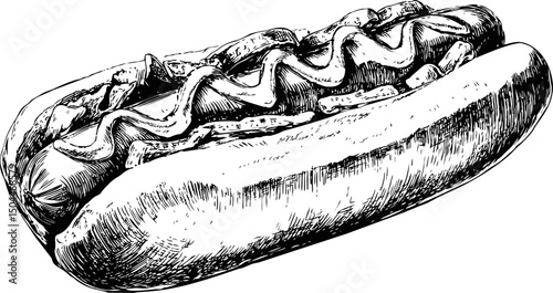 Black and white sketch of a hot dog with mustard and relish, intricate details. Vector illustration