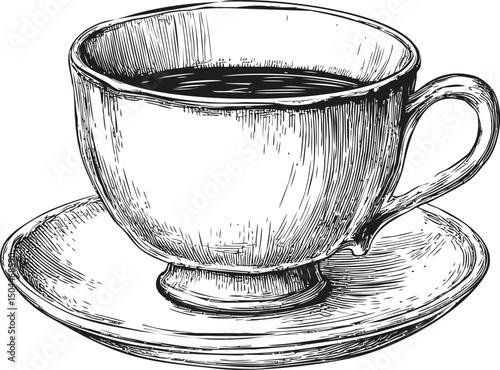 Intricate sketch of a classic teacup on a saucer filled with hot black tea. Vector illustration