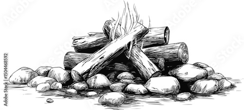 Campfire illustration with logs and stones in black and white drawing. Vector illustration