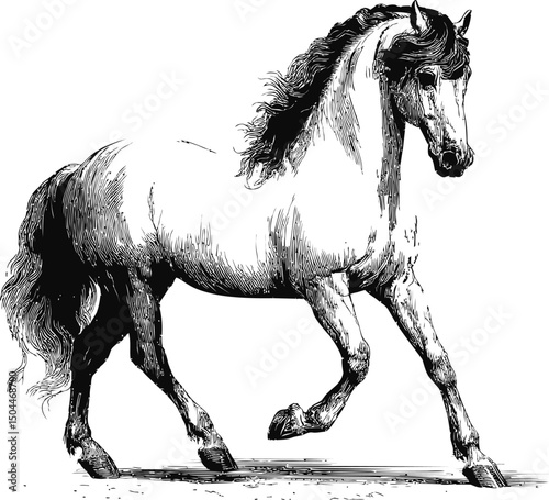 Elegant black and white horse illustration with flowing mane, pen sketch style. Vector illustration