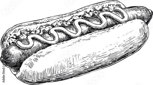 Detailed sketch of a hot dog with mustard in black and white, retro style illustration. Vector illustration