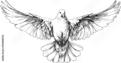 Detailed black and white sketch of a dove with wings spread wide, symbol of peace. Vector illustration