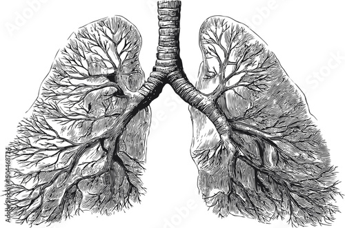 Detailed black and white anatomical illustration of human lungs sketch. Vector illustration