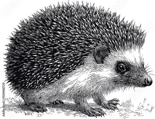 Detailed black and white illustration of a hedgehog with sharp spines and curious eyes. Vector illustration