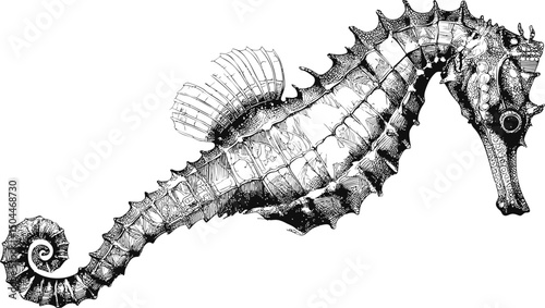 Detailed black and white illustration of an intricate seahorse drawing. Vector illustration