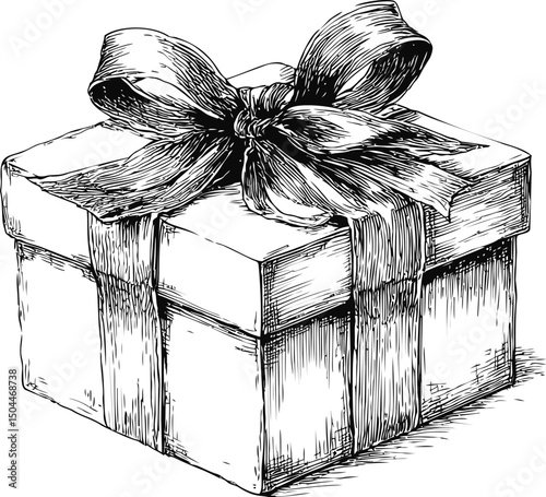 Black and white sketch of a gift box with a large ribbon, intricate drawing. Vector illustration