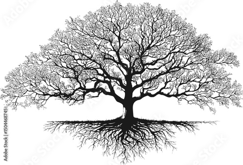 Silhouette of a tree with bare branches and roots. Vector illustration