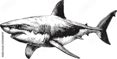 Detailed black and white sketch of a swimming great white shark in profile view. Vector illustration