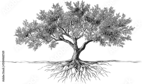 Intricate black and white illustration of an oak tree with detailed roots. Vector illustration