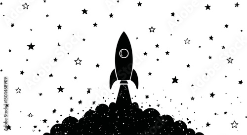 Rocket ship launching amidst stars in a black and white cartoon style illustration. Vector illustration