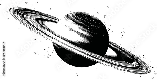 Black and white illustration of Saturn with rings and scattered stars. Vector illustration
