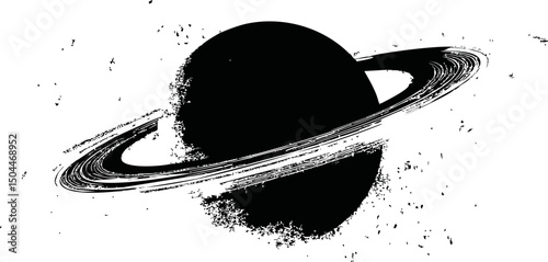 Abstract black and white planet with rings and textured details in space illustration. Vector illustration