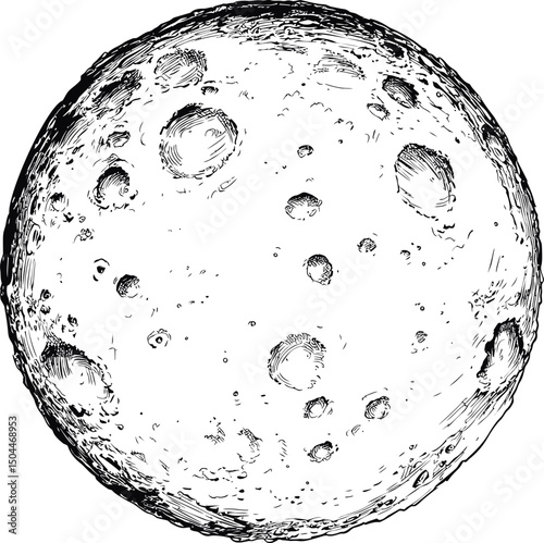 Detailed black and white illustration of the moon with craters, astronomical art. Vector illustration