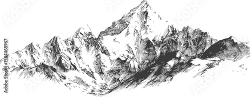 Hand-drawn black and white mountain range sketch in detailed artistic style. Vector illustration