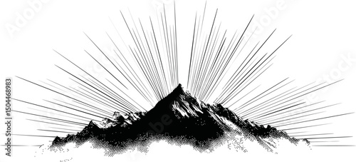 Sun rays bursting over mountain peak in black and white illustration. Vector illustration