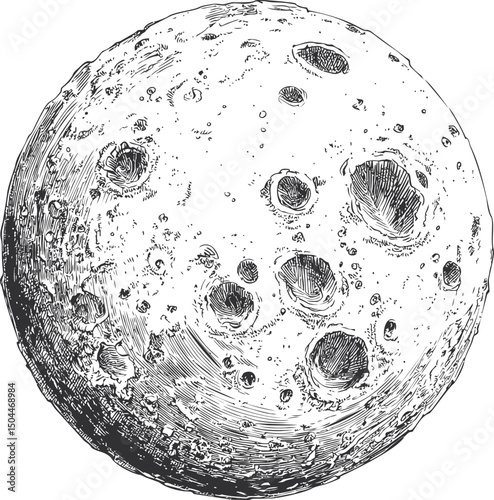 Detailed black and white sketch of a cratered moon surface, line art illustration. Vector illustration