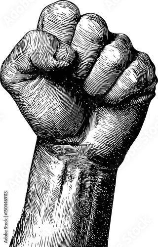 Detailed illustration of a clenched fist in black and white, symbol of power. Vector illustration