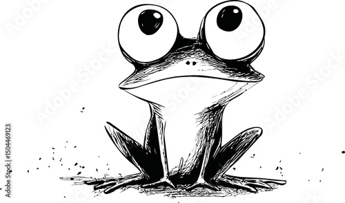 Sketch of a cartoon frog with large eyes sitting on a simple. Vector illustration