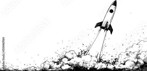 Black and white illustration of a rocket launching with clouds of smoke. Vector illustration