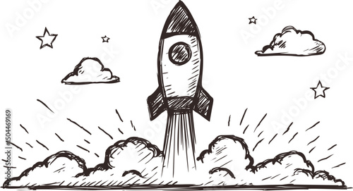 Sketch of a rocket launching with clouds and stars, black and white illustration. Vector illustration