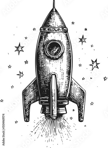 Vintage rocket ship launching with stars in black and white illustration. Vector illustration