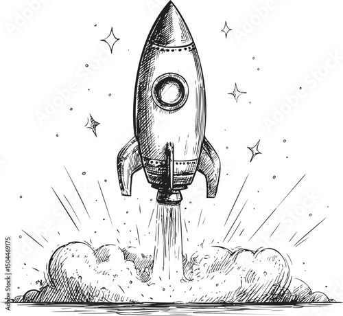 Hand-drawn rocket launch with smoke and stars in black and white illustration. Vector illustration